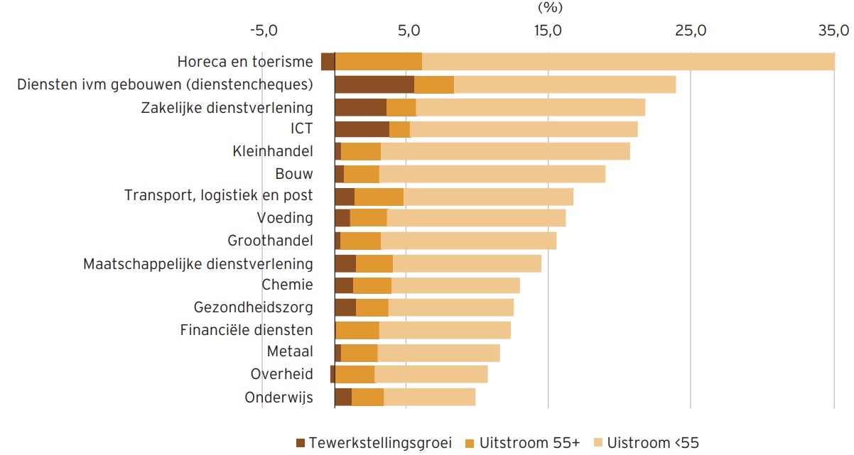 Totale aanwervingsbehoefte uitgedrukt als percentages van tewerkstelling per sector in Vlaams Gewest (2022-2030)